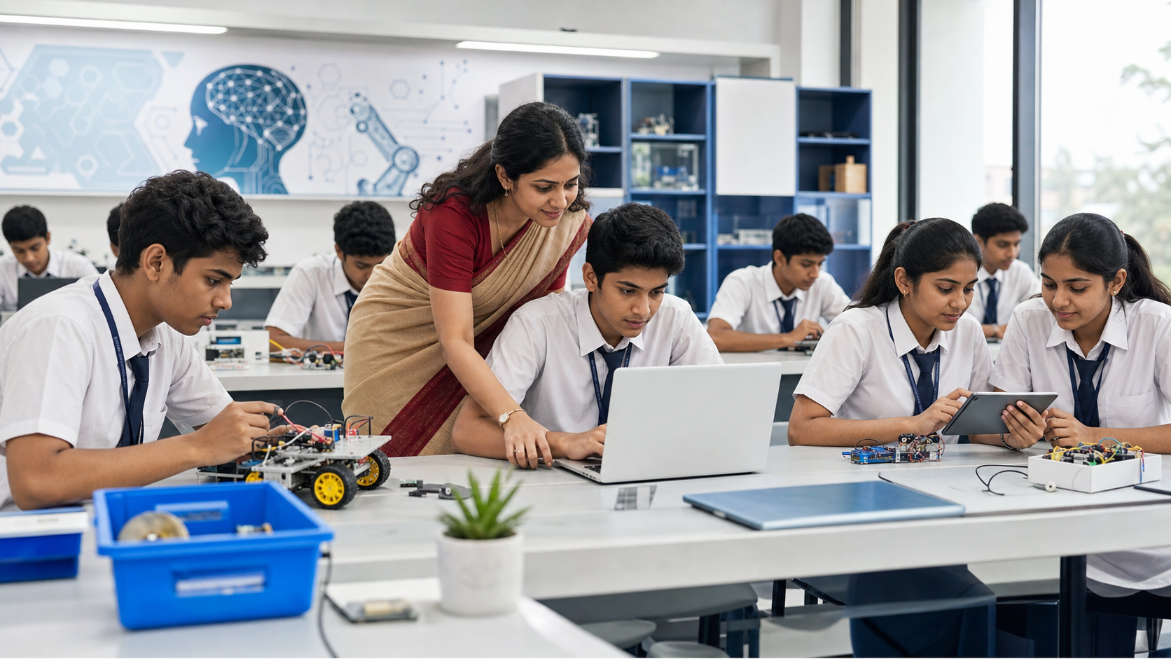 Students using technology and STEM learning tools in a modern school lab
