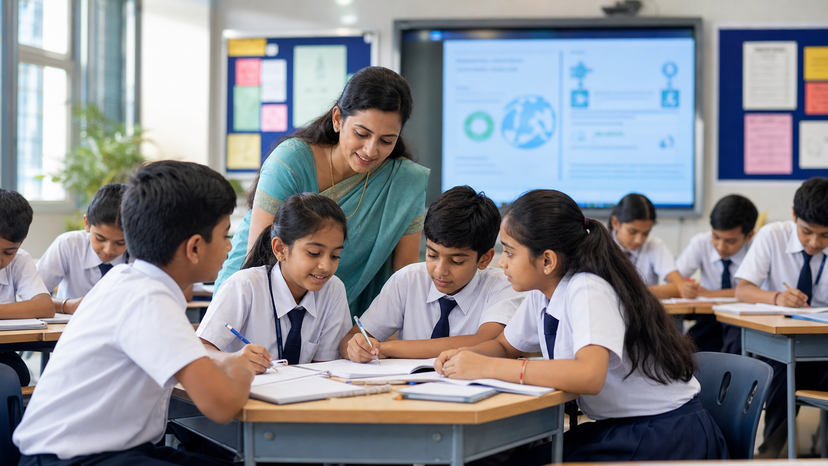 Teacher guiding students in a smart classroom collaboration