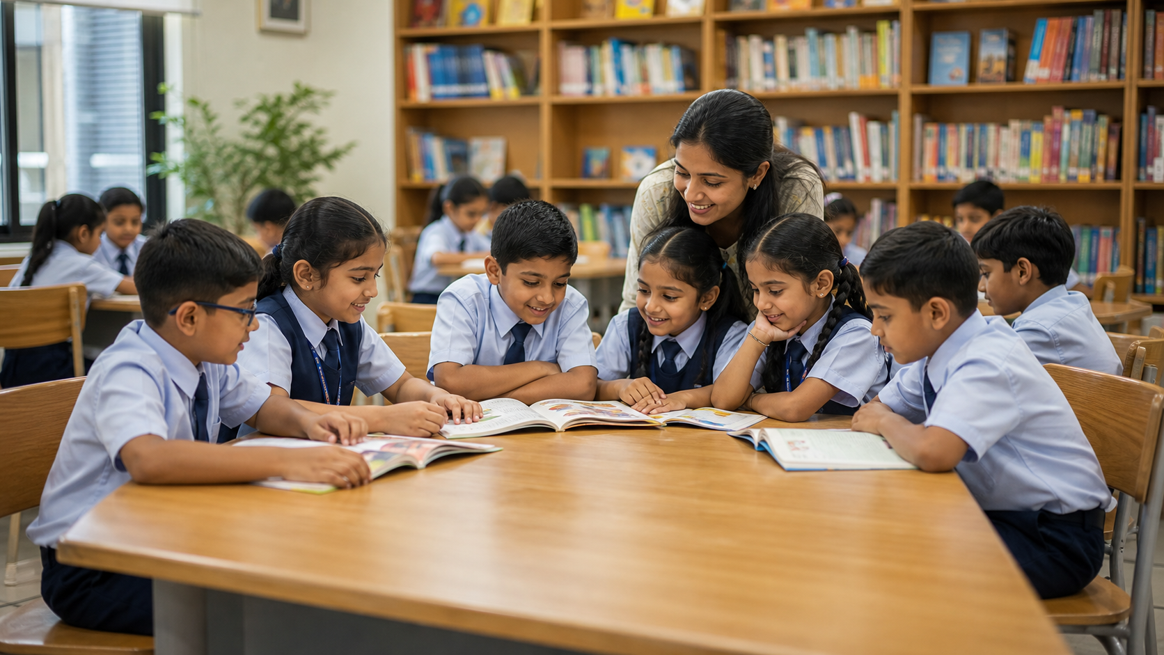 Students reading together in a bright school library classroom