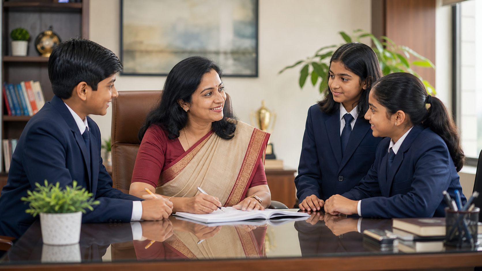 School principal speaking warmly with students in a professional learning environment