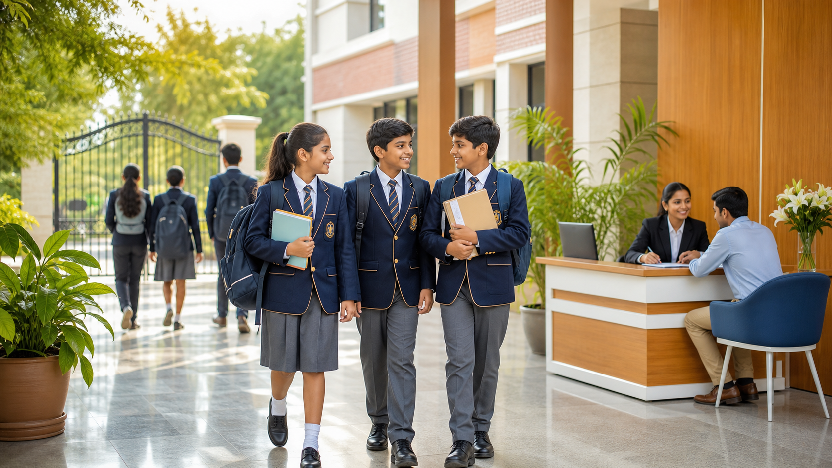 Students arriving at school admissions desk