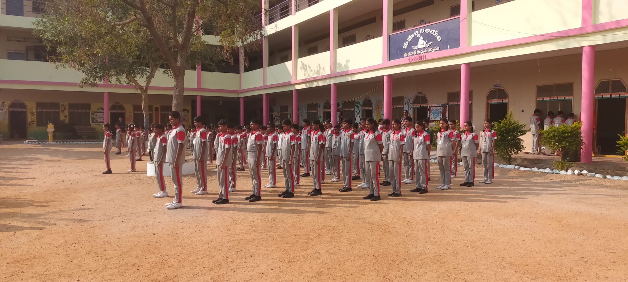 Oakley School Cherial students assembled in the campus courtyard