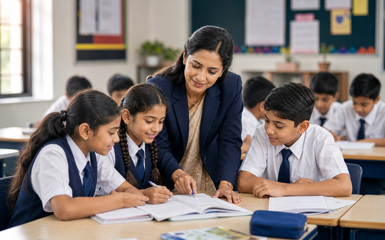 Experienced teacher guiding students in a classroom